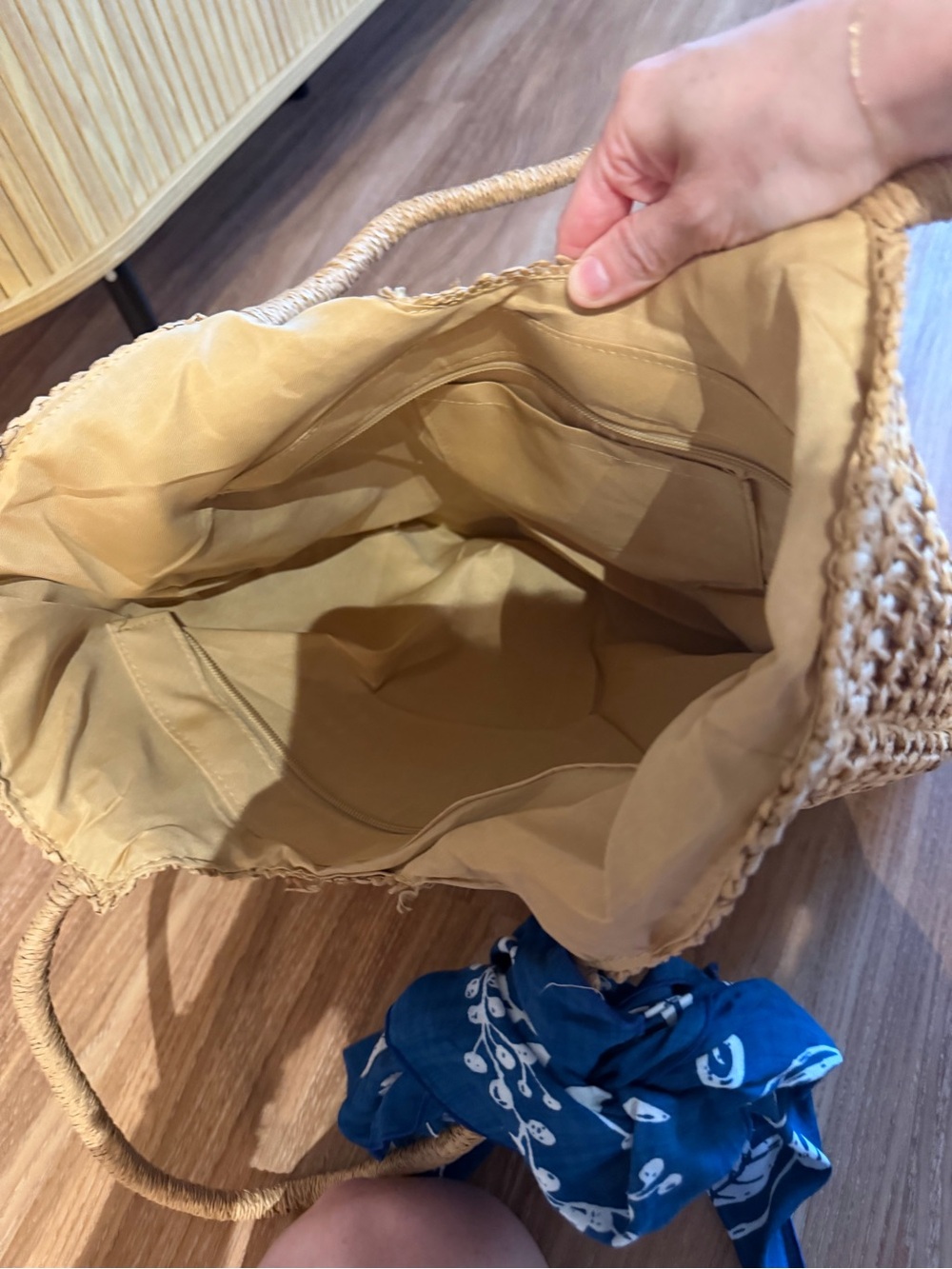 Woven Straw Tote Bag with Blue Scarf Accent - Picture 3 of 4